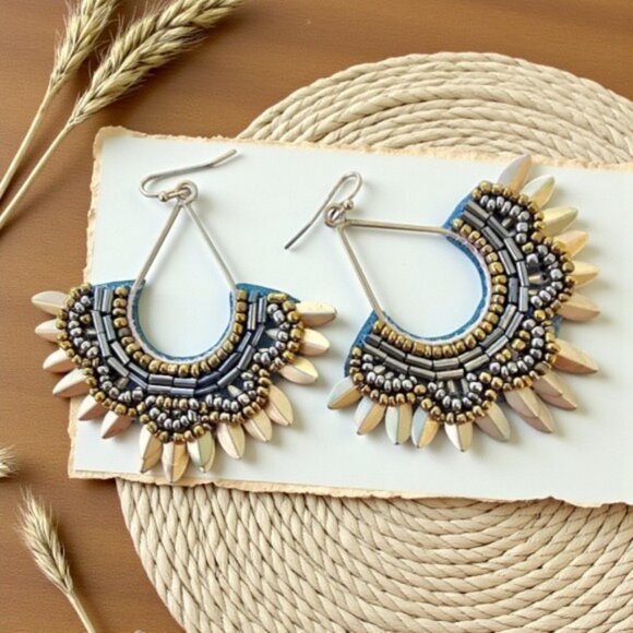 🆕 Indian Artisan Beaded Fan Drop Earrings Gold Brass Boho Festival Statement - Picture 1 of 13